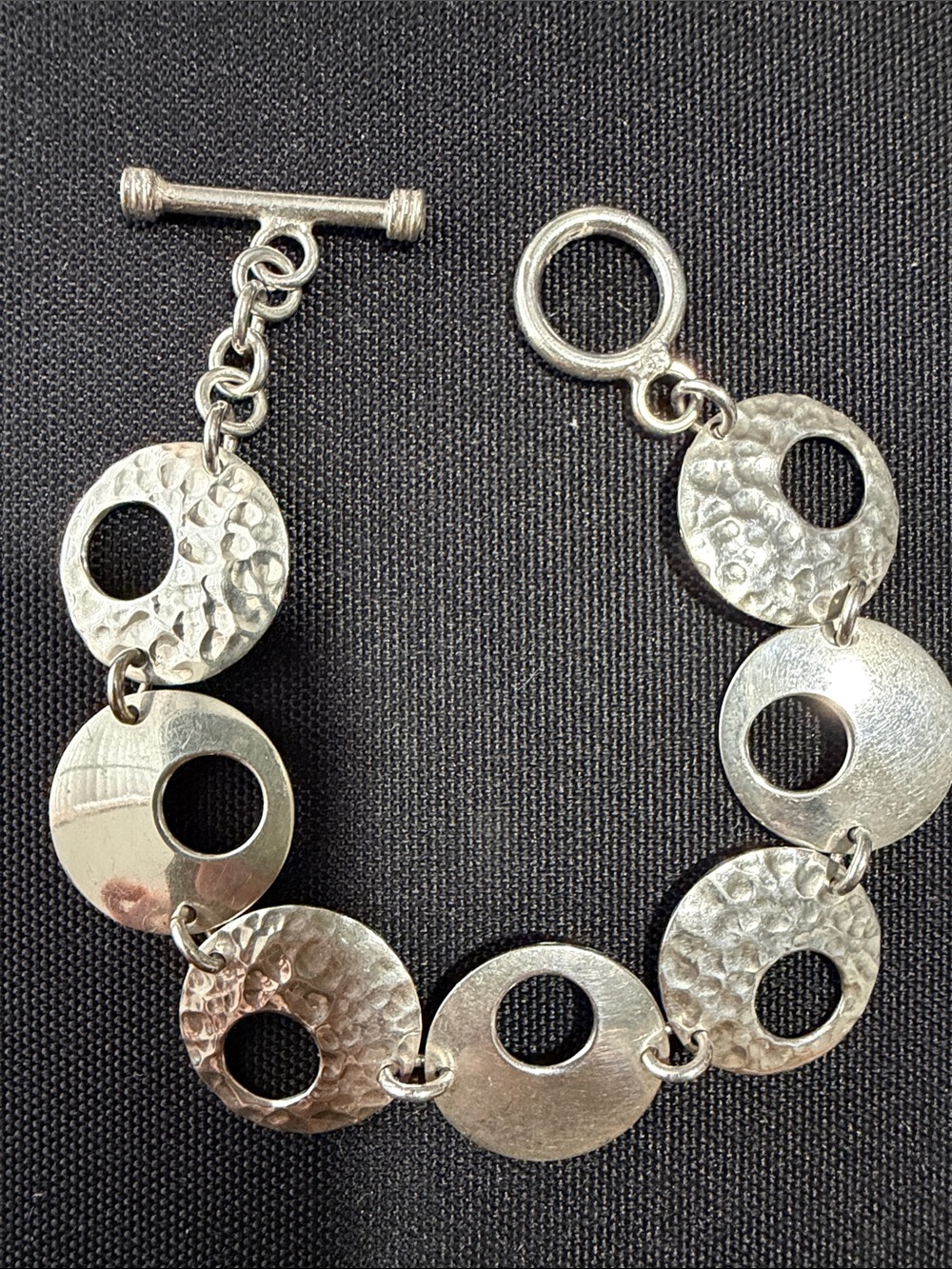 Mexican Sterling-Style Silver 925 Hammered Disc Toggle Bracelet